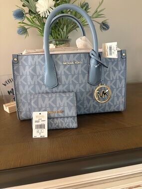 Michael Kors Light Blue MK Logo Satchel with Matching Wallet
